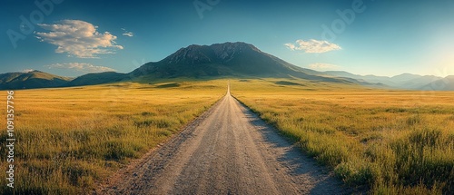 A serene dirt road leads toward a distant mountain under a clear sky.