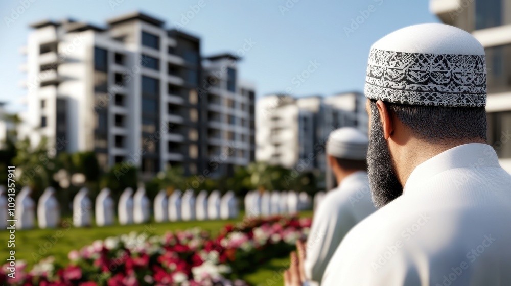 Fototapeta premium Tranquil urban scene shows men in traditional attire, engaged in prayer or contemplation, surrounded by modern buildings and vibrant gardens, highlighting cultural heritage.
