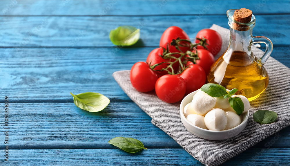 Red tomatoes, mozzarella cheese, olive oil and Basil on kitchen towel on blue wooden table. Red tomatoes, mozzarella cheese, olive oil and Basil on kitchen towel on blue wooden table.