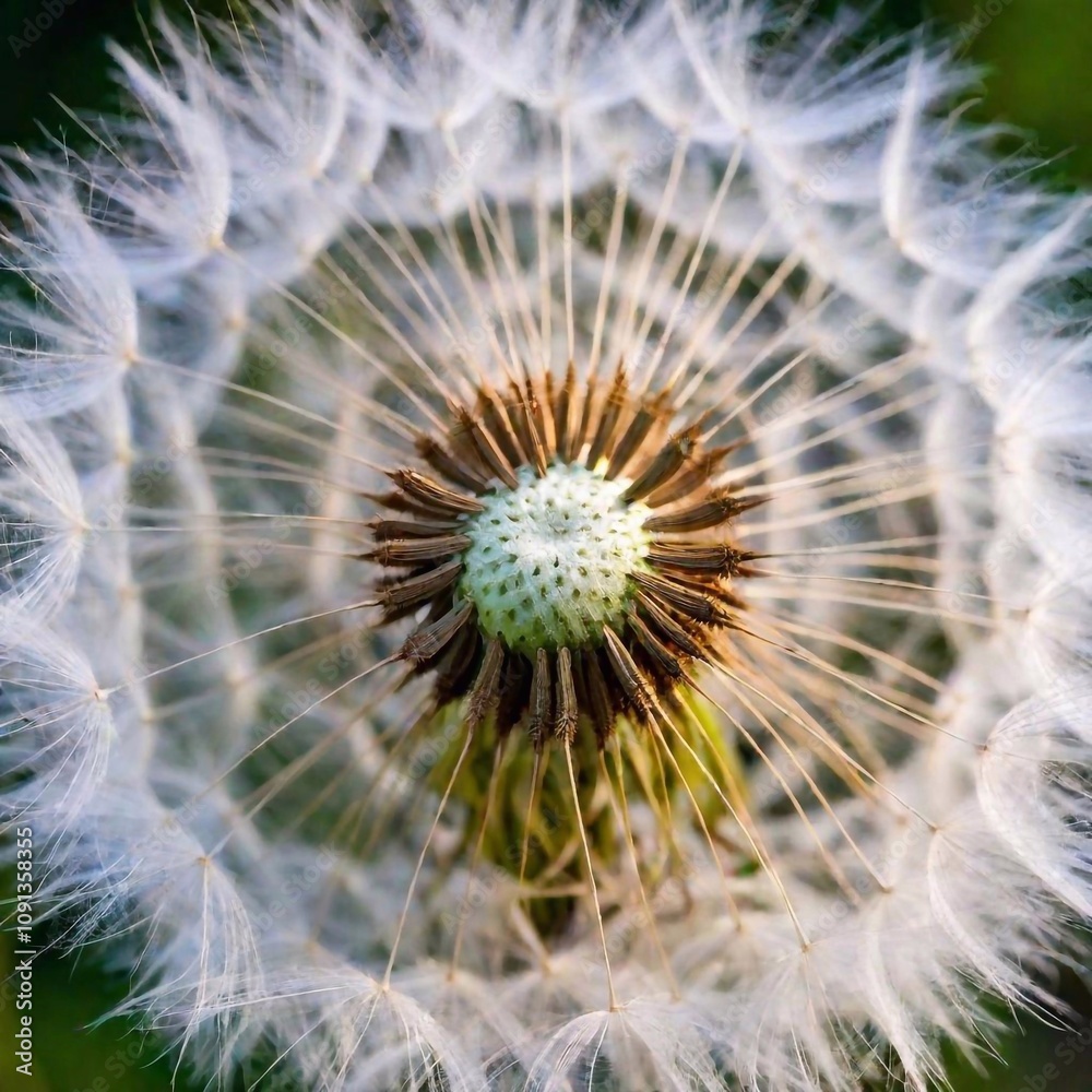 Obraz premium an extreme macro shot of a dandelion seed pod, capturing the detailed structure of the individual seeds, the delicate, wispy filaments, and the slightly curved, transparent surface of each seed