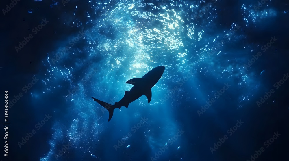 Fototapeta premium Shark swimming in the deep blue ocean, surrounded by shimmering light and silhouetted fish in the background