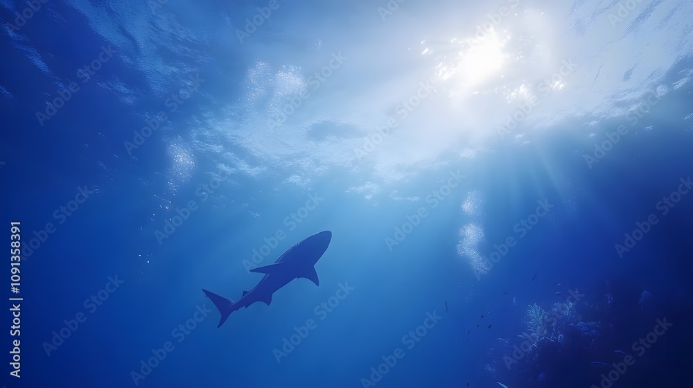 Obraz premium Shark swimming in the deep blue ocean, surrounded by shimmering light and silhouetted fish in the background