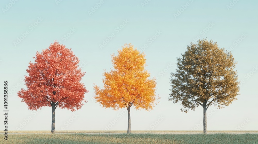 Three vibrant autumn trees in a serene park, displaying rich orange, yellow, and red foliage under a clear blue sky, emphasizing seasonal beauty. Three vibrant autumn trees in a serene park, displaying rich orange, yellow, and red foliage under a clear blue sky, emphasizing seasonal beauty.