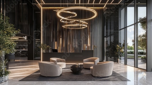 Modern luxury hotel lobby interior with reception desk, seating area, and large windows.