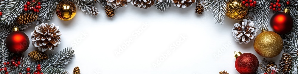 Obraz premium A festive Christmas frame with pinecones, baubles, and seasonal decorations surrounding a clean white copy space, perfect for banners, greeting cards, or holiday posters.