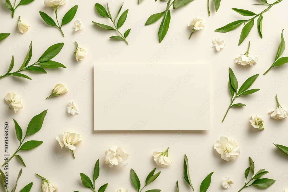 Naklejka premium baby shower celebration and special, A flat lay arrangement featuring white flowers and green leaves surrounding a blank card on a neutral background.