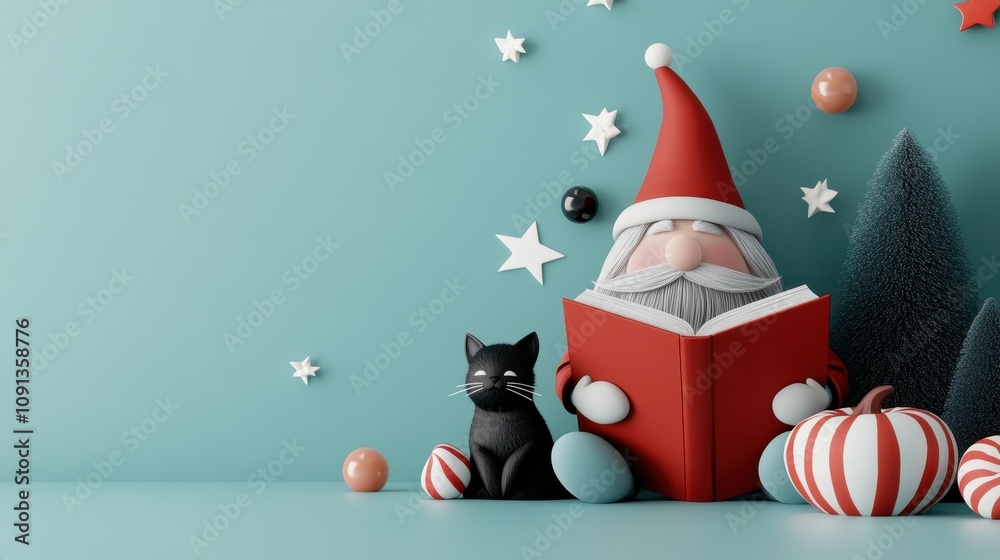 Whimsical image cartoon-style santin classic red suit, reading book alongside curious black cat. festive decorations and pumpkins create cozy, joyful atmosphere.