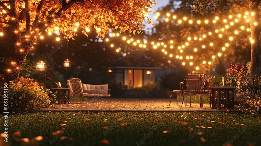 Obraz premium Home garden illumination autumn evening patio festive party lights