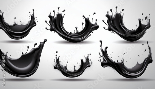 Black liquid splashes, swirl and waves with scatter drops. Paint, oil or ink splashing dynamic motion, design elements for advertising isolated on transparent background Realistic 3d vector icons set photo