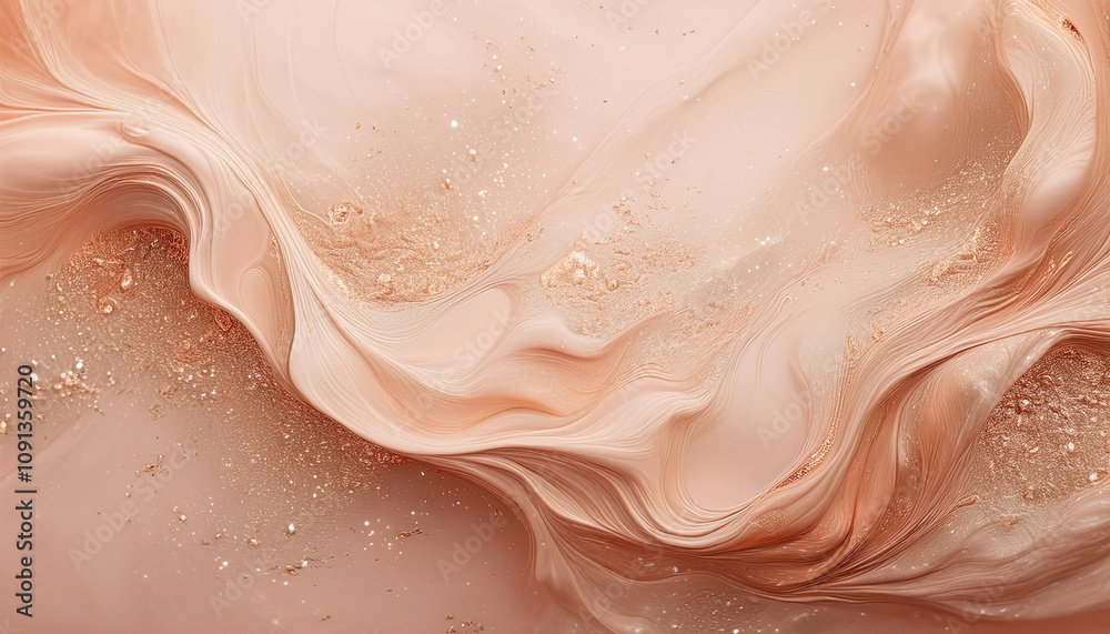 Obraz premium Sparkling fluid. Liquid ink color mix. Blurred beige peach pink color shiny dust particles acrylic paint swirl water emulsion flow abstract art background.