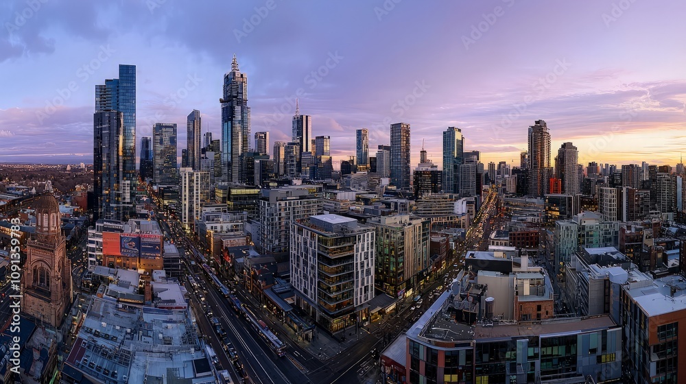 Fototapeta premium Panoramic city skyline at sunset, showcasing skyscrapers, buildings, streets, and transportation.
