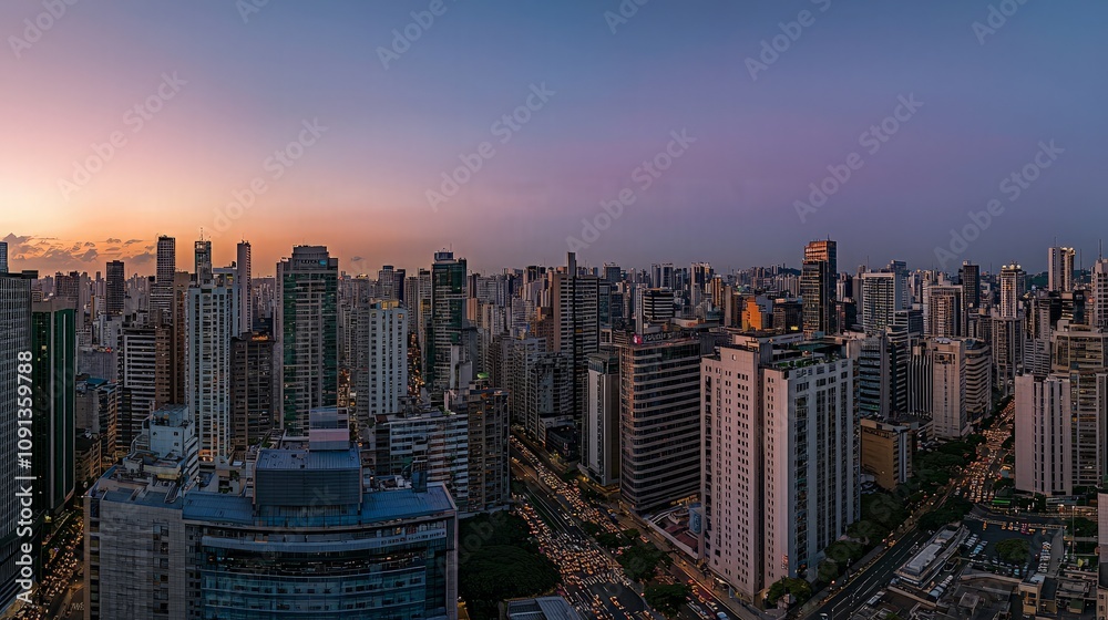 Fototapeta premium Panoramic sunset view of a dense cityscape with skyscrapers and roads.