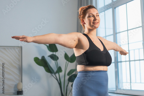 Fitness workout training. Woman practicing fitness at home. Plus size female doing sports exercise at home indoor. Girl in sportswear have workout weight training for weight loss. Sport and fitness Free Download Fitness workout training. Woman practicing fitness at home. Plus size female doing sports exercise at home indoor. Girl in sportswear have workout weight training for weight loss. Sport and fitness - GFXLoad