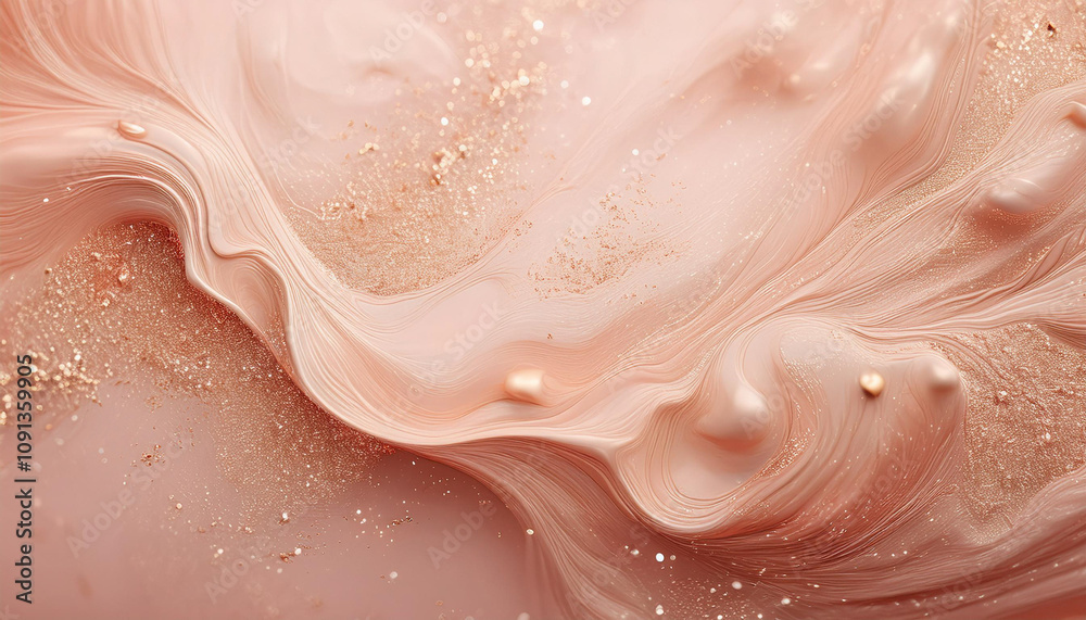 Fototapeta premium Sparkling fluid. Liquid ink color mix. Blurred beige peach color shiny dust particles acrylic paint swirl water emulsion flow abstract art background.