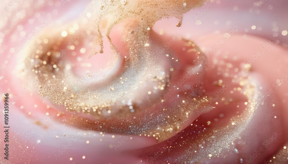 Fototapeta premium Sparkling fluid. Liquid ink color mix. Blurred beige peach color shiny dust particles acrylic paint swirl water emulsion flow abstract art background.