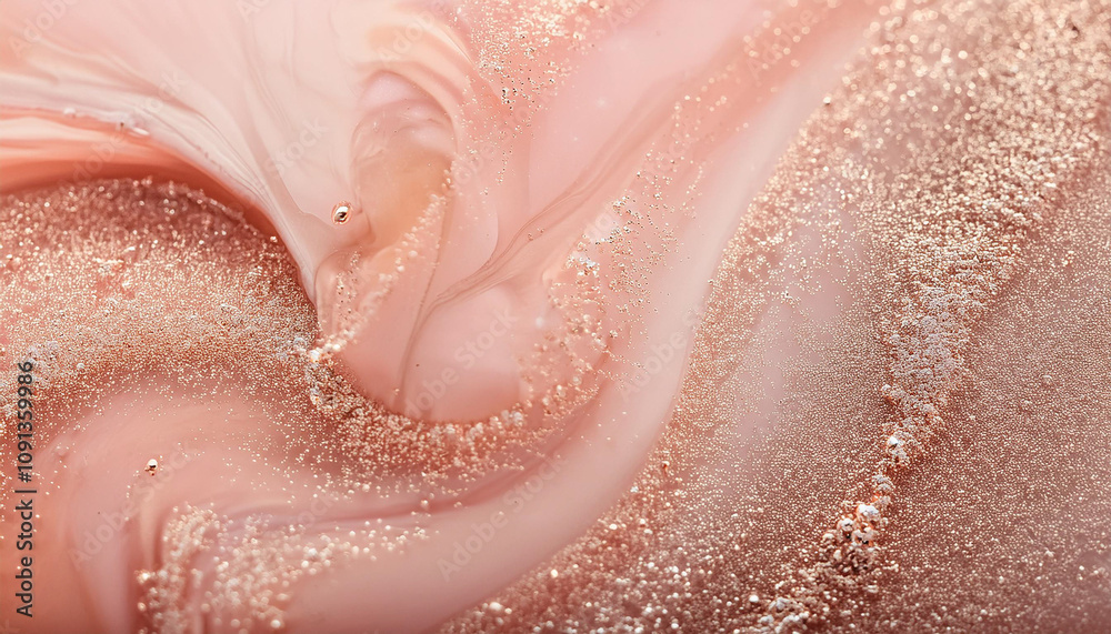Fototapeta premium Sparkling fluid. Liquid ink color mix. Blurred beige peach color shiny dust particles acrylic paint swirl water emulsion flow abstract art background.