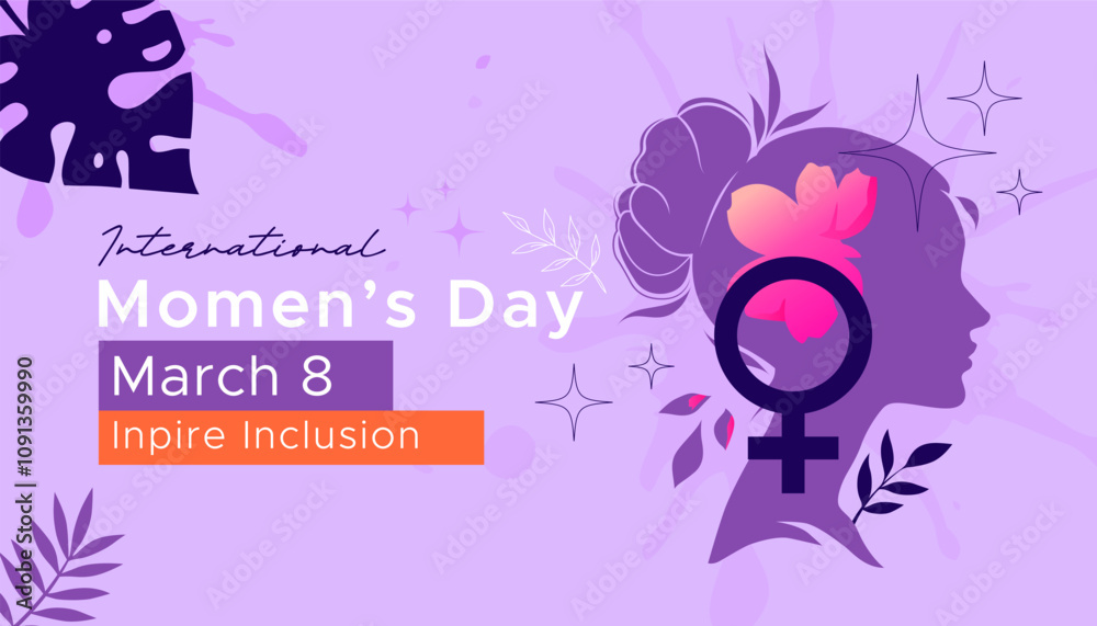 Fototapeta premium Concept design commemorating international women's day, March 8. Inspiring inclusion. The design features an illustration of a woman's silhouette looking sideways, stars and female gender symbols