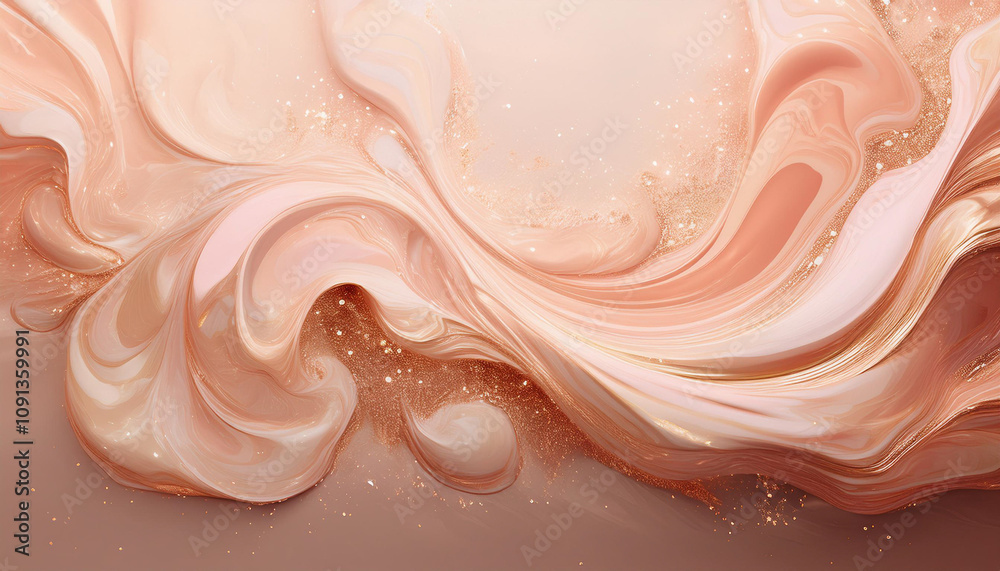 Obraz premium Sparkling fluid. Liquid ink color mix. Blurred beige peach color shiny dust particles acrylic paint swirl water emulsion flow abstract art background.