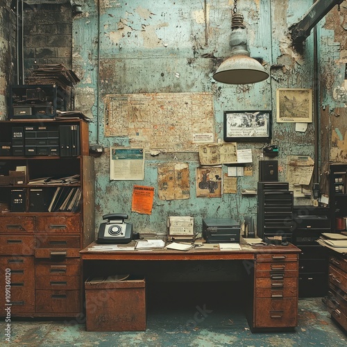 Abandoned Office With Vintage Desk And Filing Cabinets photo