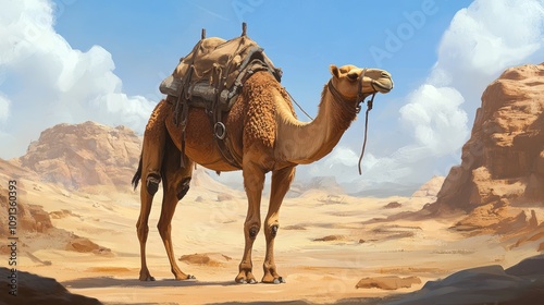 A solitary camel stands majestically in a vast sandy desert, outfitted with a sturdy saddle, surrounded by gentle dunes and a clear blue sky with fluffy clouds. photo