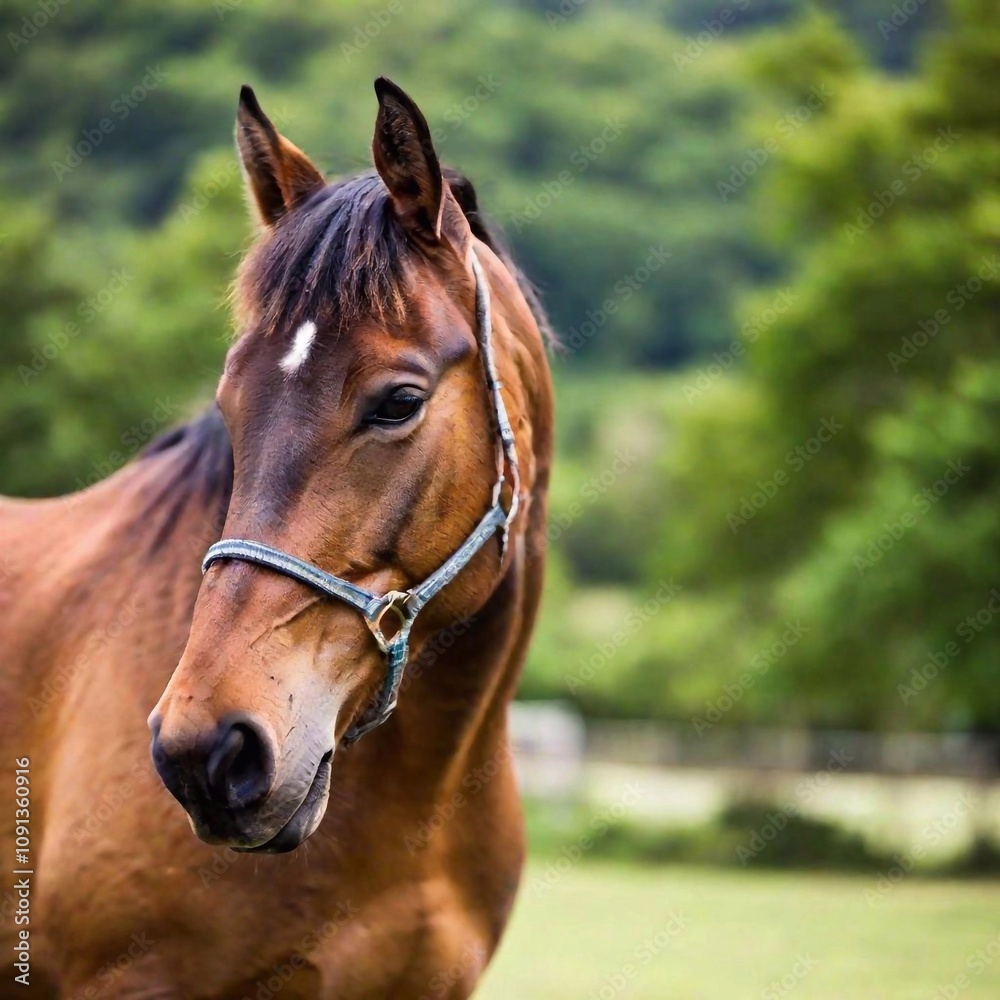Obraz premium A close-up photo of a horse's eyes reflecting a scenic landscape, deep focus revealing the depth and clarity in its eyes and the faint outline of its surroundings, eye-level shot to emphasize the conn