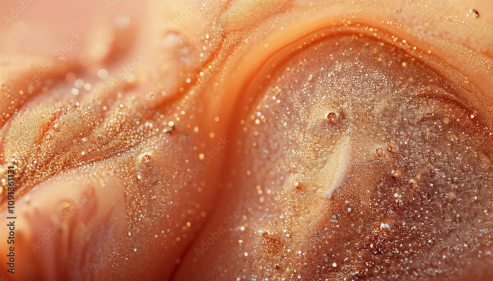 Fototapeta premium Sparkling fluid. Liquid ink color mix. Blurred golden orange color shiny dust particles acrylic paint swirl water emulsion flow abstract art background.
