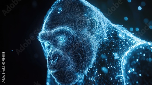 Low polygon wireframe depiction of a silverback gorilla illuminated by a futuristic silver glow, showcasing intricate digital details and luminous effects