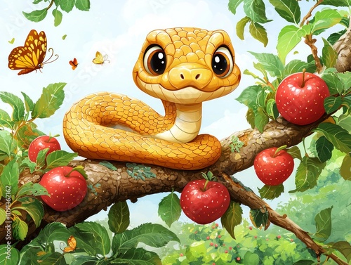 cheerful snake lies sturdy branch apple tree surrounded vibrant red apples and bright green leaves enjoying sunny day filled butterflies and magical sparkles. photo