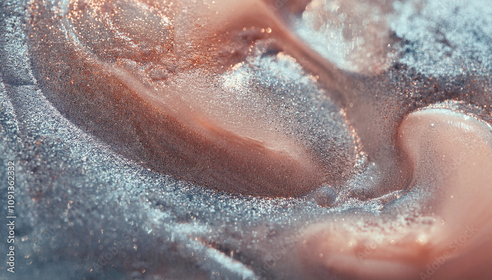 Fototapeta premium Sparkling fluid. Liquid ink color mix. Blurred orange grey color shiny dust particles acrylic paint swirl water emulsion flow abstract art background.