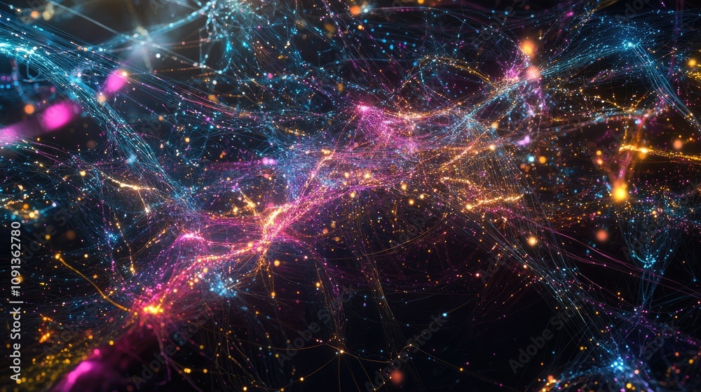 Fototapeta premium Dynamic visualization of interconnected networks representing global social media interactions, illuminated by vibrant, luminous threads of data.