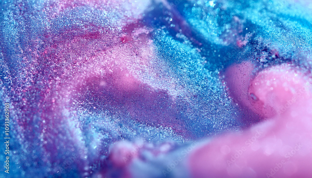 Fototapeta premium Sparkling fluid. Liquid ink color mix. Blurred pink blue color shiny dust particles acrylic paint swirl water emulsion flow abstract art background.