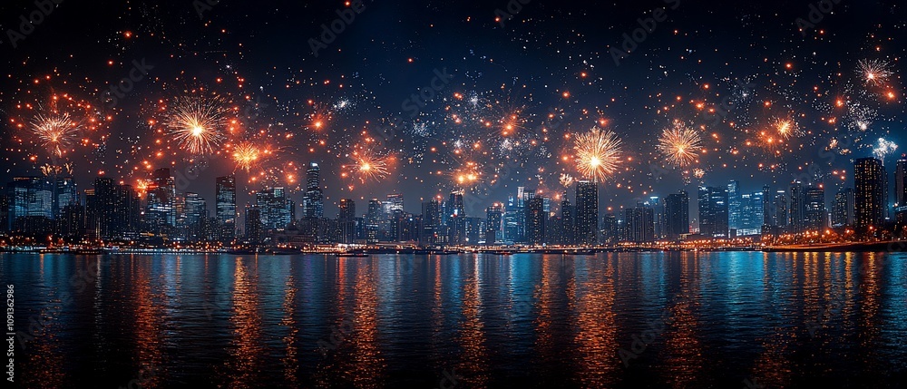 Fototapeta premium A vibrant city skyline illuminated by fireworks over a reflective water surface at night.