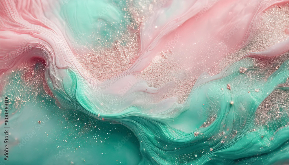 Fototapeta premium Sparkling fluid. Liquid ink color mix. Blurred pink mint color shiny dust particles acrylic paint water emulsion flow abstract art background.
