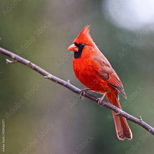 A high-resolution ultrarealistic photo of two cardinals perched on thin, bare branches. The male cardinal, on the right, sports vibrant red plumage and a distinct black mask around its beak. The femal photo