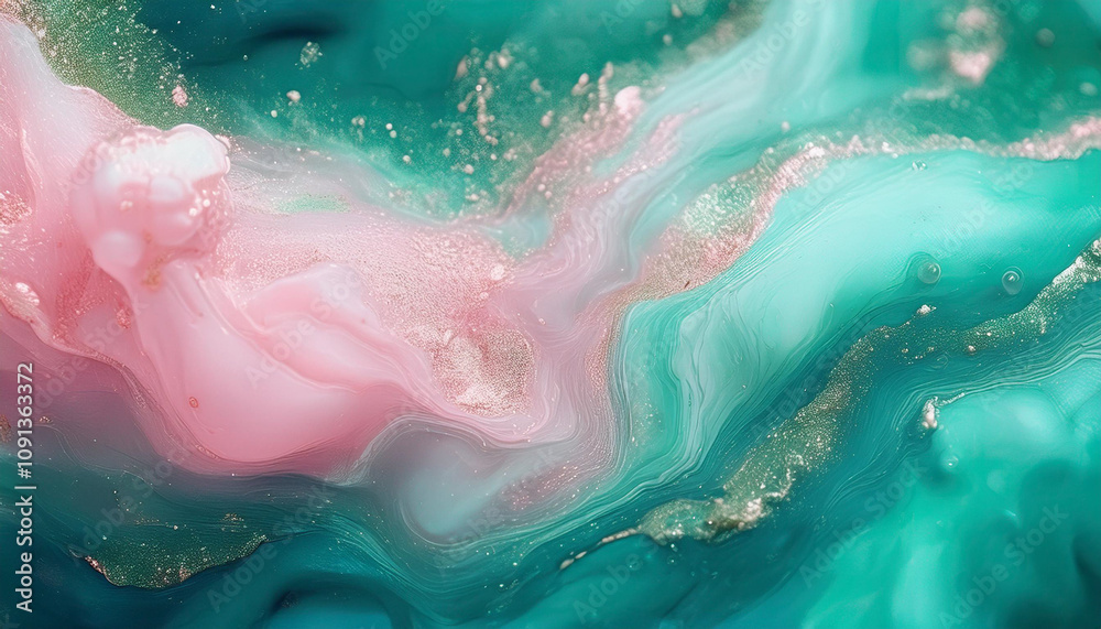 Obraz premium Sparkling fluid. Liquid ink color mix. Blurred pink mint color shiny dust particles acrylic paint water emulsion flow abstract art background.