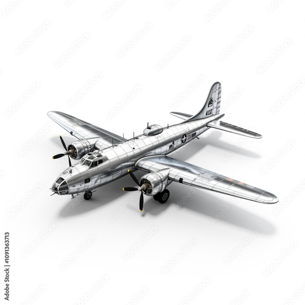 Naklejka premium Miniature model of a vintage WWII military aircraft bomber, plane showcasing intricate detail and design. A toy airplane isolated on a white background.