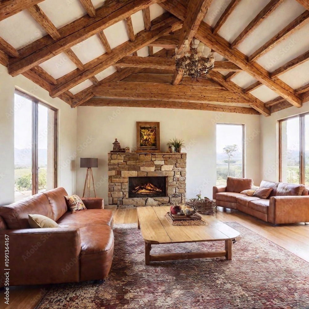 Obraz premium A rustic living room with exposed wooden beams, a large stone fireplace, and comfortable leather furniture. The space is decorated with earthy tones, a large woven rug, and antique wooden furniture pi