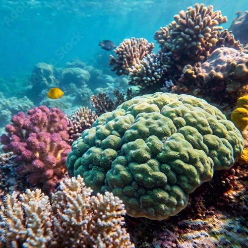 A long shot of a vibrant coral reef on the seabed, with focus pull transitioning from a close-up of a colorful coral formation to a wider view of the reef bustling with marine life photo