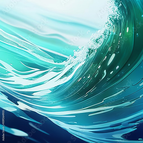 Blue green turquoise ocean curling stormy big wave close up illustration photo