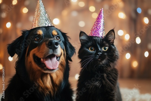 Black furry dog and cat in party hats with lights photo