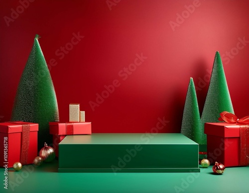 a rectangular platform on a red surface creates a display space for products alongside full sized red and green gift boxes christmas decorations in a red space that creates a christmas vibe photo