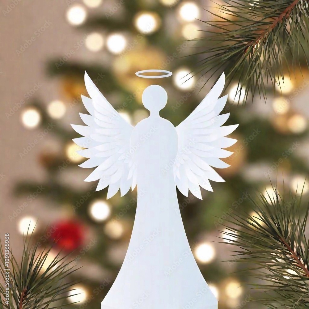 Naklejka premium Minimalist design of an angel tree topper, showcasing its elegant features, such as a serene expression and intricate detailing on its wings. The background features softly blurred Christmas tree bran