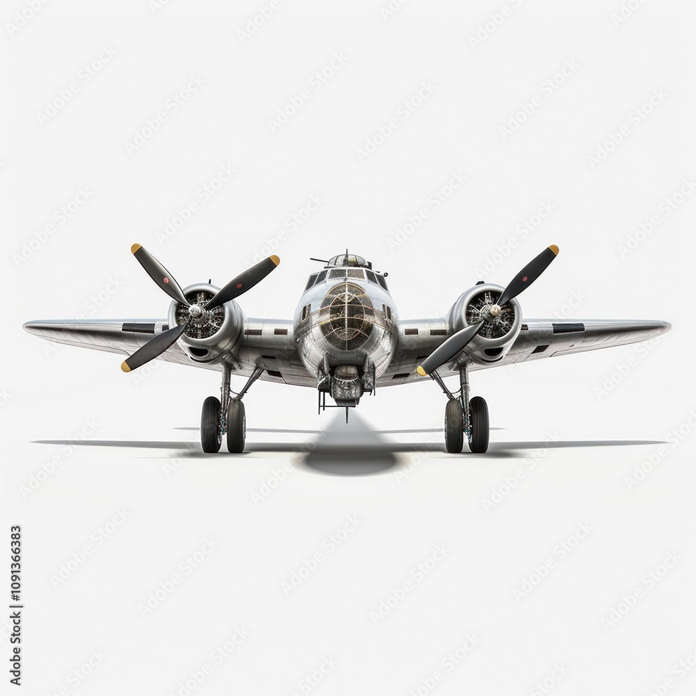Fototapeta premium Miniature model of a vintage WWII military aircraft bomber, plane showcasing intricate detail and design. A toy airplane isolated on a white background.