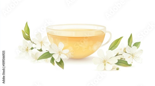 Wallpaper Mural Jasmine tea cup with delicate white flowers and green leaves on a bright background, perfect for tea-related projects and healthy beverage themes. Torontodigital.ca