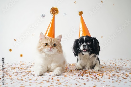 Dog and Persian cat in party hats with confetti. photo