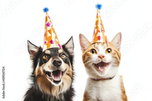 Dog and cat celebrating with hats, full of excitement. photo