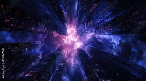 Wallpaper Mural Gazing upwards through a vibrant cosmic scene framed by sleek, towering skyscrapers illuminated against a dark, starry backdrop. Torontodigital.ca