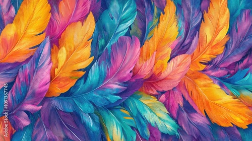 Colorful and vibrant bird feather texture background showcasing a blend of blues, purples, pinks, and yellows in a stunning pattern.