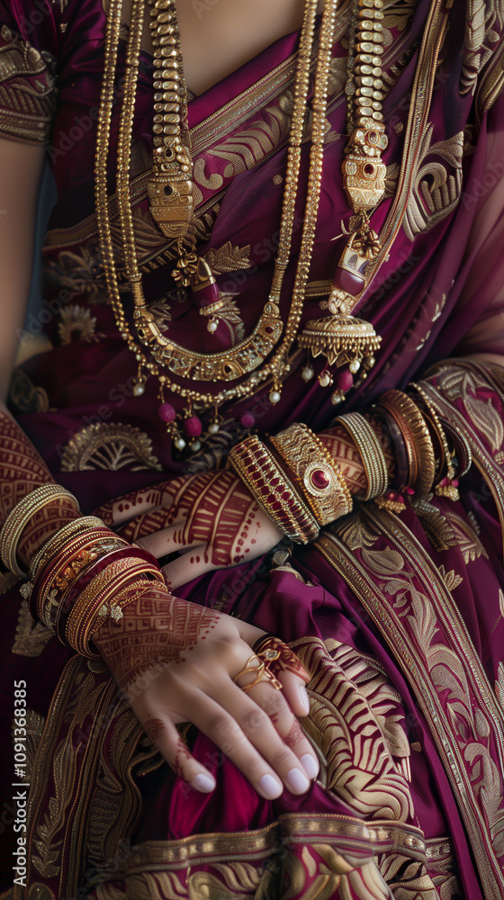Fototapeta premium A traditional Indian saree in deep maroon, paired with multiple layers of heavy jewelry, including bangles, necklaces, and earrings, artistically arranged