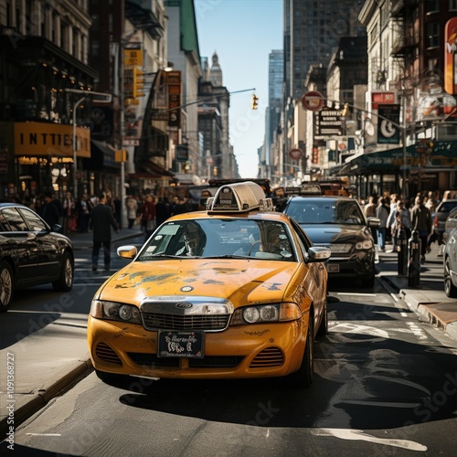 A yellow taxi stands out beautifully in an urban setting during the autumn season